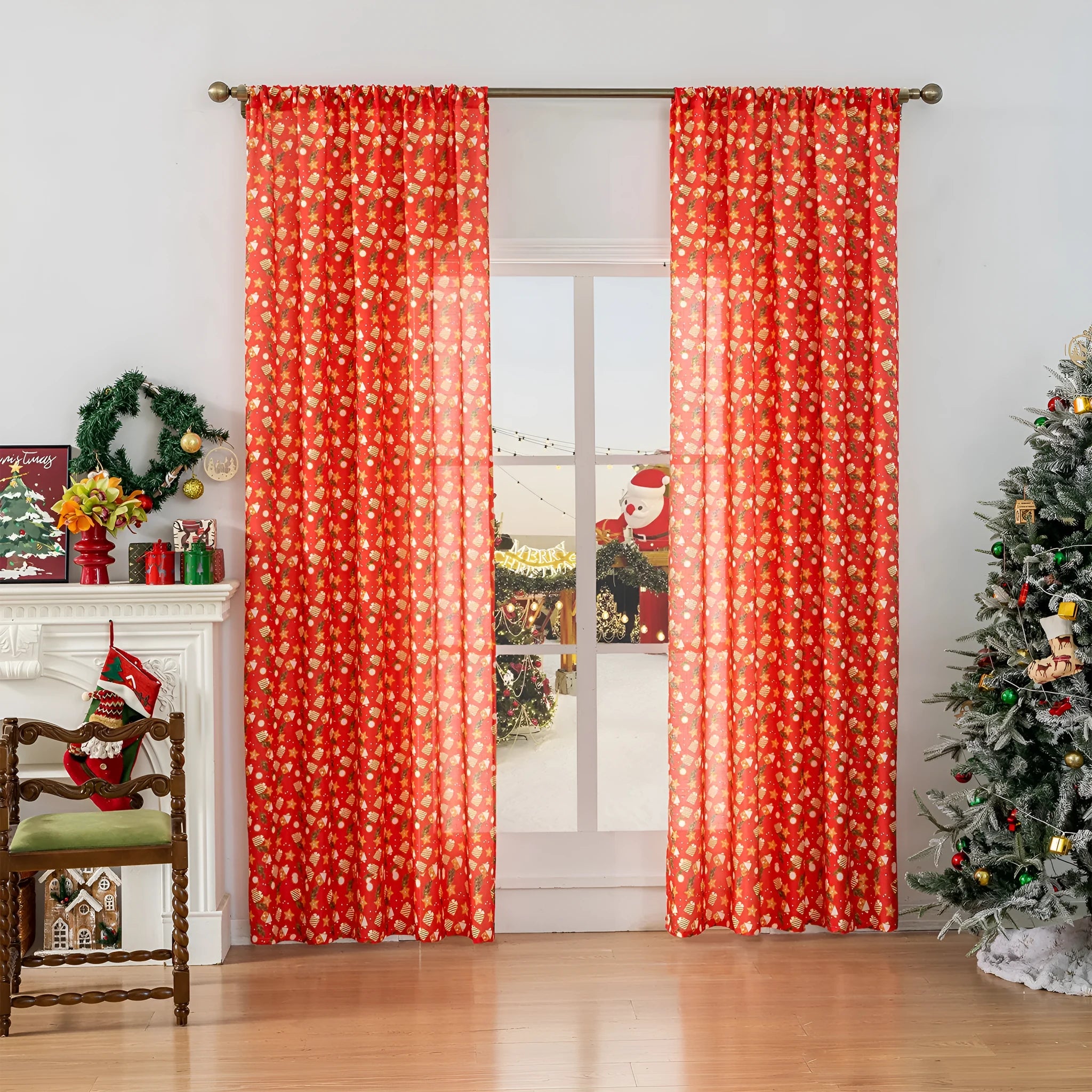 Christmas snowman angel print curtain in green or red American style 1 metre