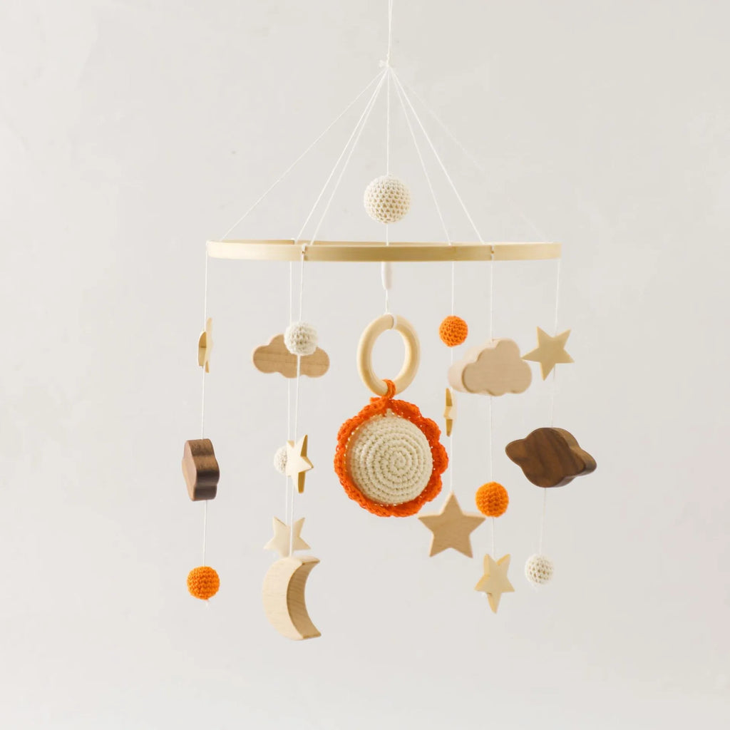 Nordic wooden baby car hanging wind chime with crochet sun design for vision training
