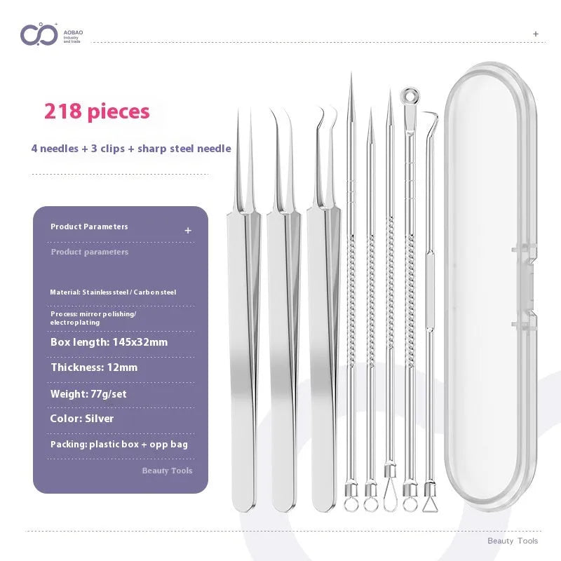 Four metal acne needles with ultra-fine pointed tips laid out in a set.