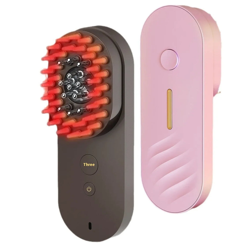 Smart massage comb with red light therapy in pink and black colour options showing compact design