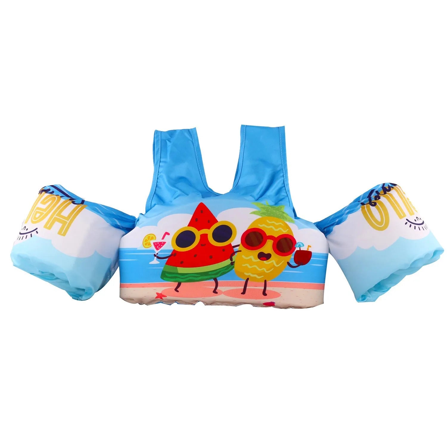 Children's swimsuit with extended arm swimming ring in colourful cartoon designs