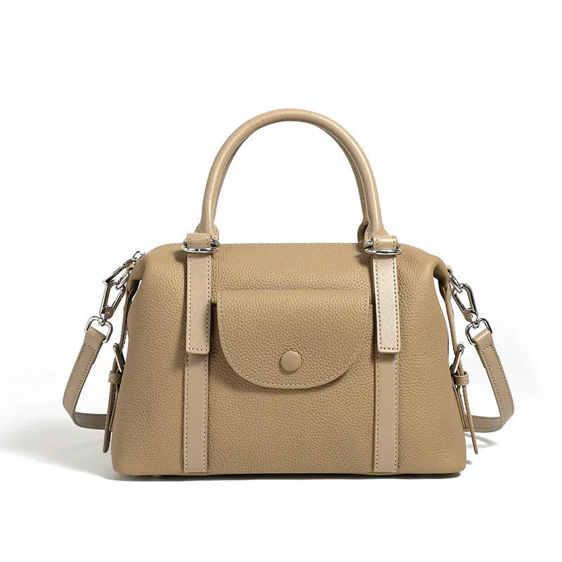 Women's genuine leather handbag in street-trend style with lock closure and contrast stitching