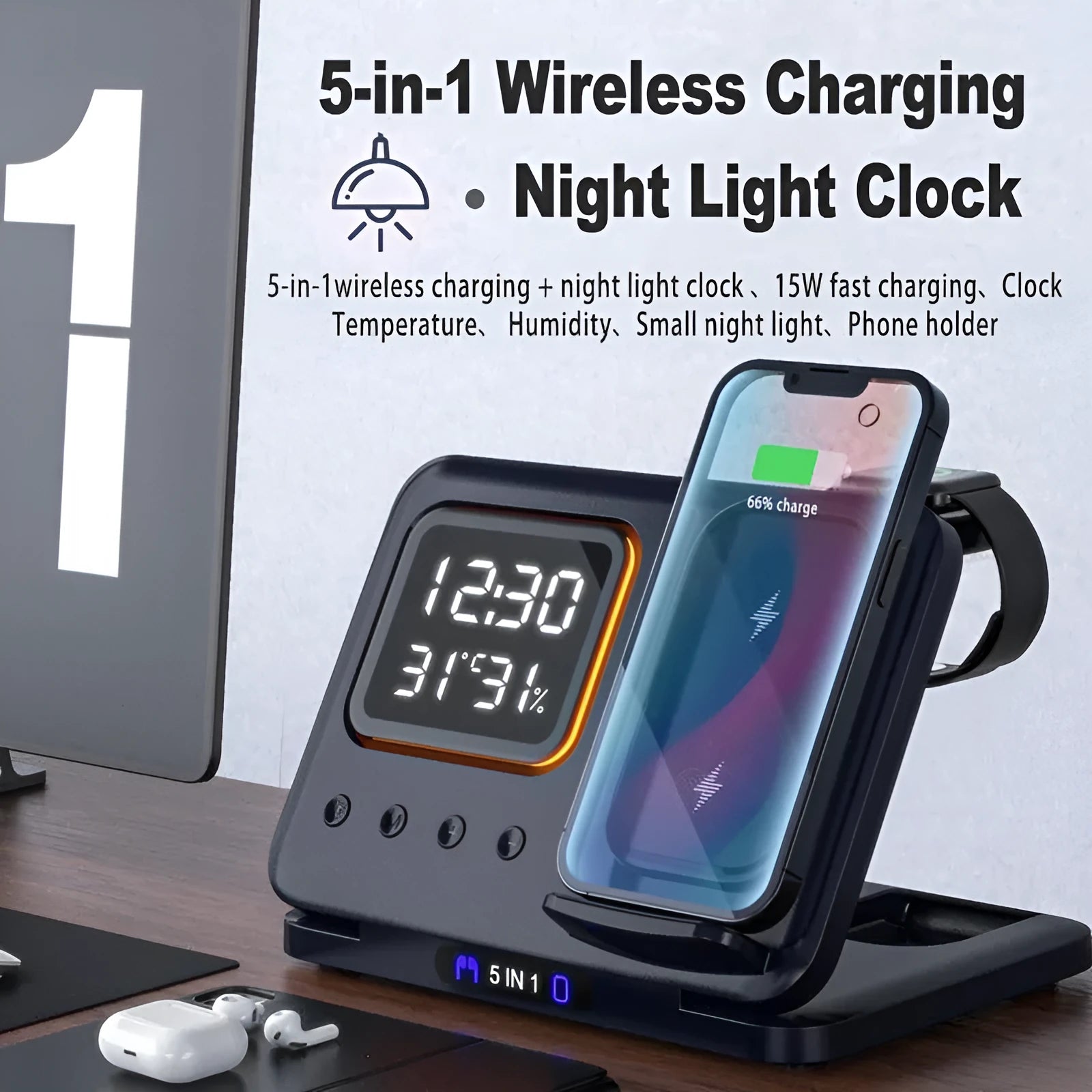 Black and white 5-in-1 wireless charging dock station with phone, watch and earphones charging, showing LED clock display.