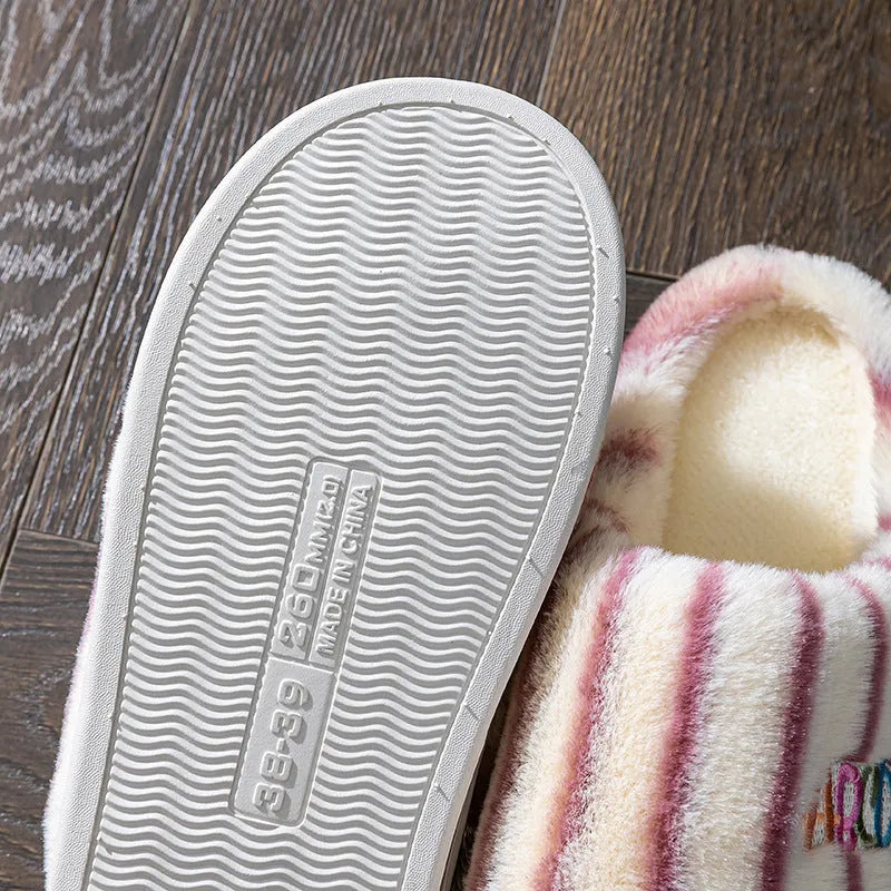 Vertical plush soft cotton slippers for men women in pink with plastic sole