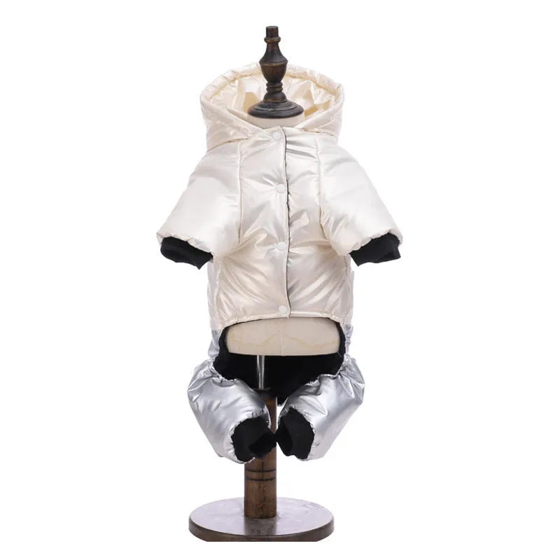Green pink or white waterproof four-legged cotton padded dog coat shown in sizes S to 3XL