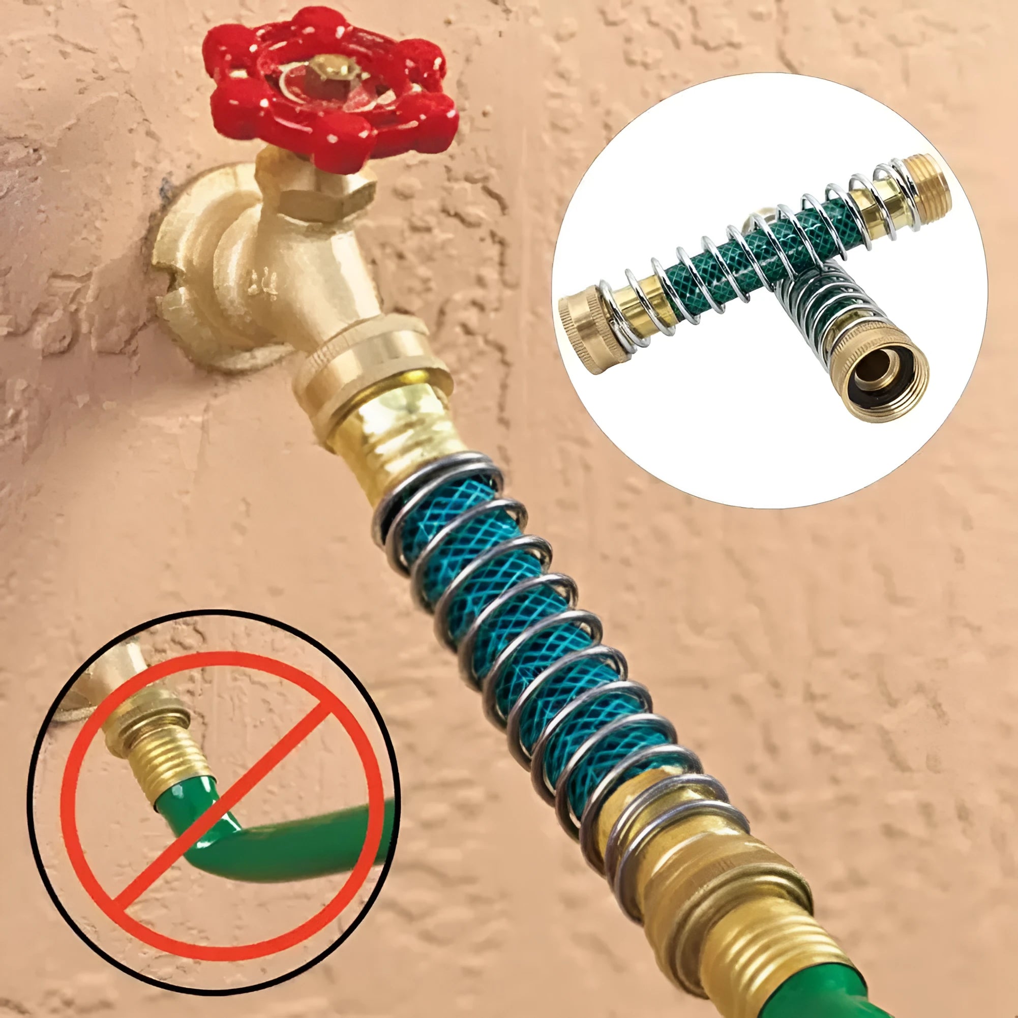 Brass garden hose spring connector with spiral anti-kink design and threaded joints