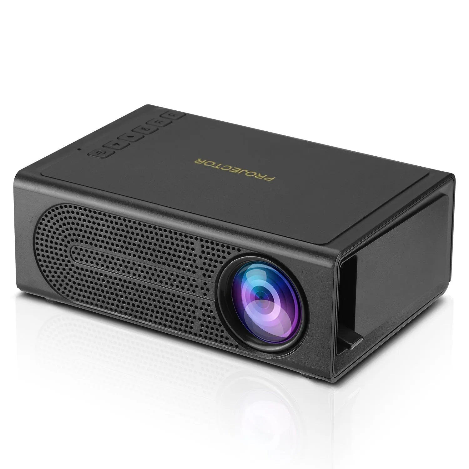 Black or white portable mini projector with wired mobile phone connection showing 320x240 resolution specification