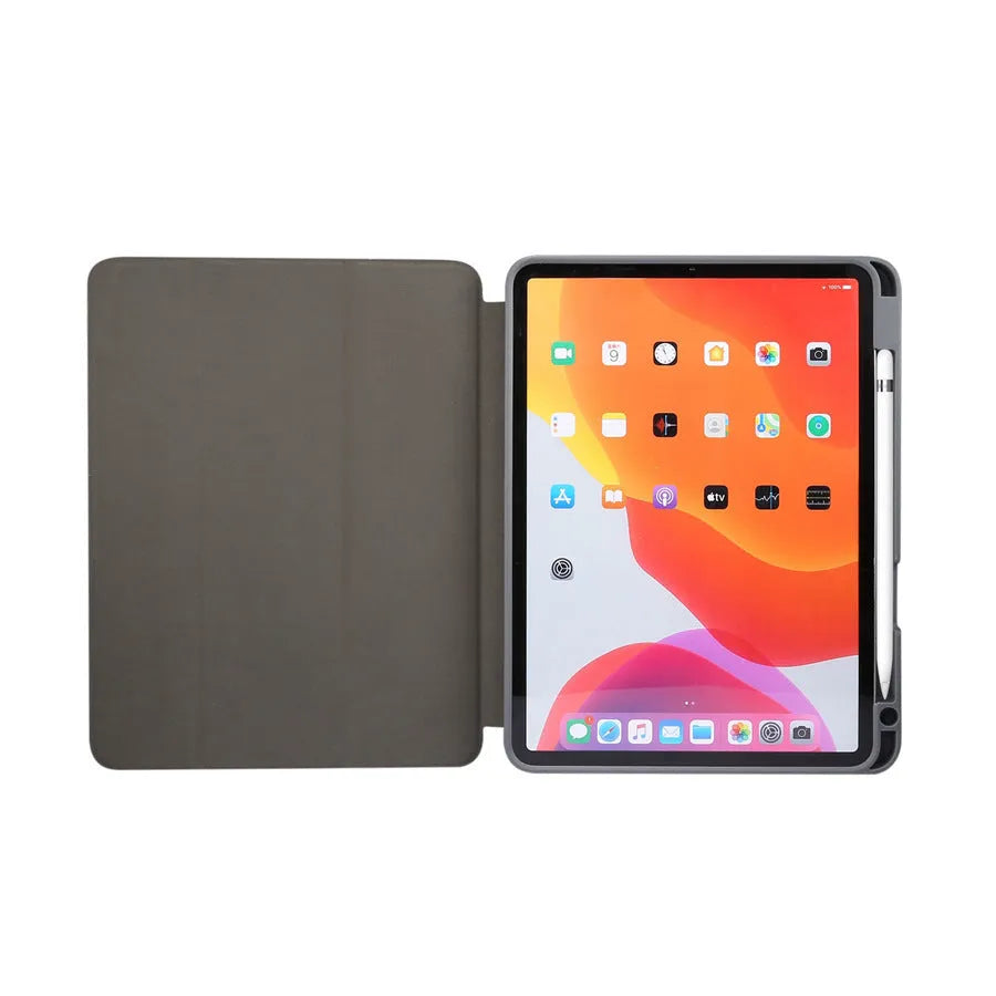 iPad imitation leather case with tri-fold marbling design showing integrated pen slot in dark gray colour