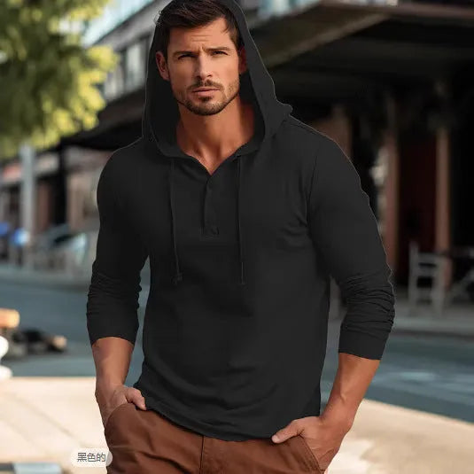 Men's dark blue cotton pullover hoodie with long sleeves on a hanger