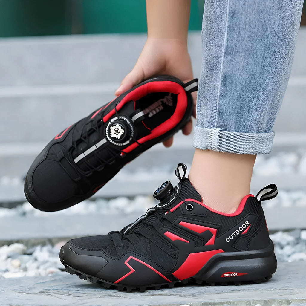 Men's beige lightweight hiking shoe with elastic band fastening and rubber tread sole.