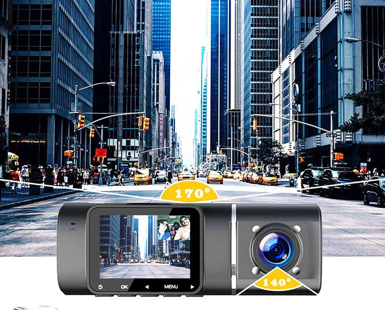 Black dash cam with 1.5-inch screen for car front and rear recording with parking surveillance