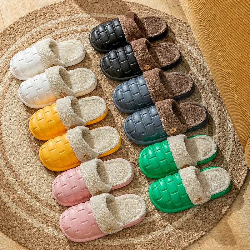 Detachable EVA slippers with plush lining in multiple colours showing round toe and flat heel design