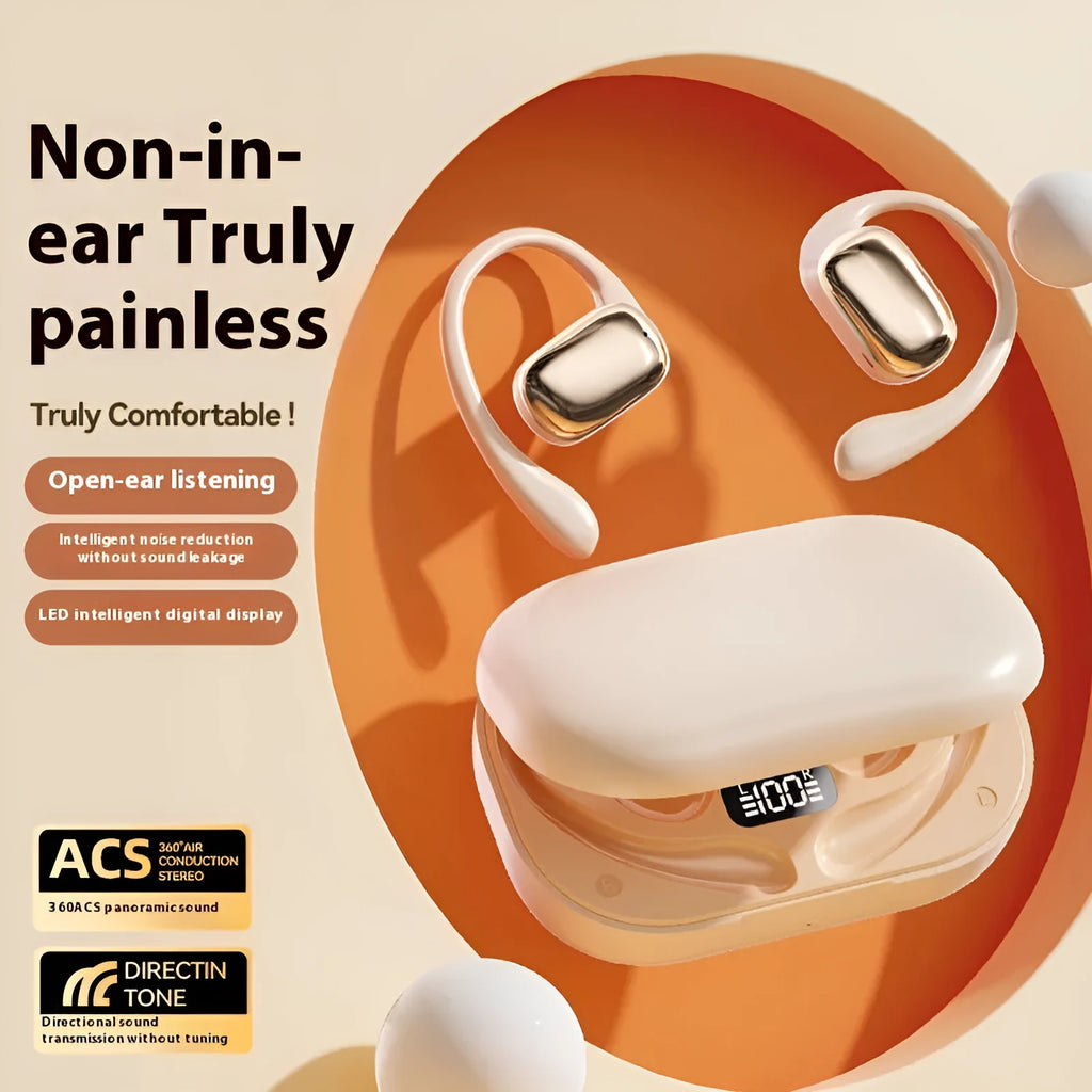 Ear-mounted headphones with digital display screen in skin colour, black, or white options