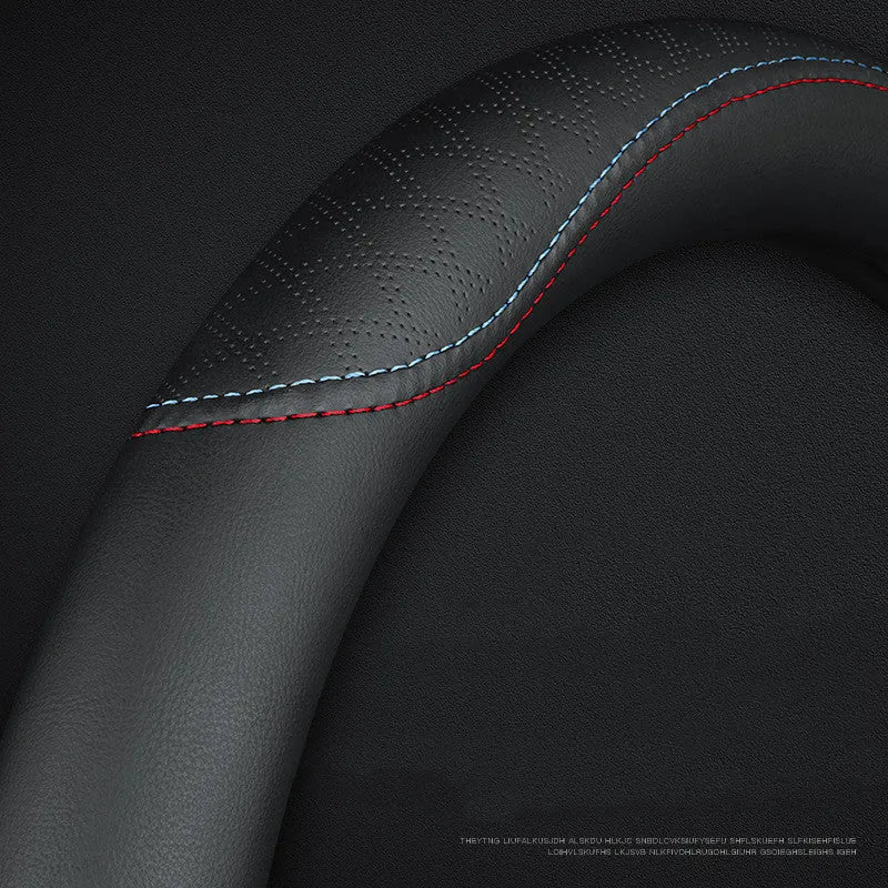 Black universal car steering wheel cover with two-colour line and Napa leather texture, 38cm diameter for Suzuki vehicles