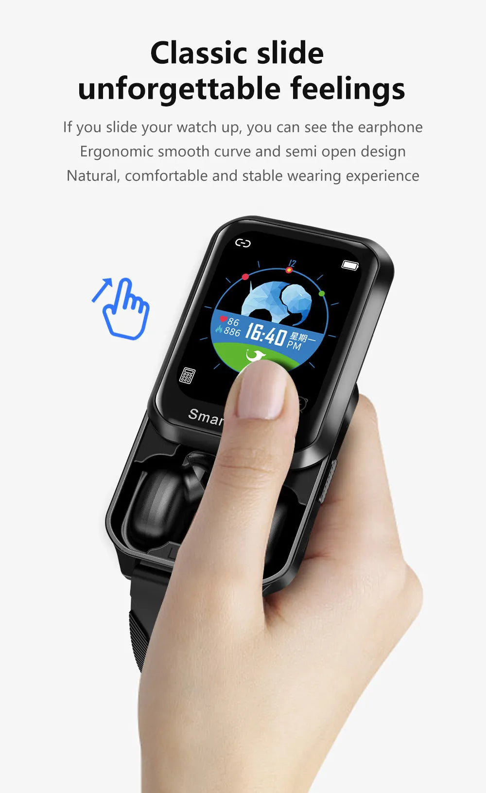 Smart bracelet with 1.78-inch split screen display on silicone wristband showing Bluetooth call interface