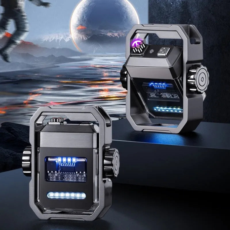 Pulse windproof double arc electric lighter with mechanical rotary gyroscope in folded position
