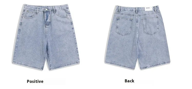 Men's solid colour denim shorts with straight-leg five-point cut and zipper fly opening