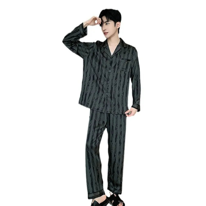 Men's black stripes ice silk pyjama set with V-neck top and long trousers