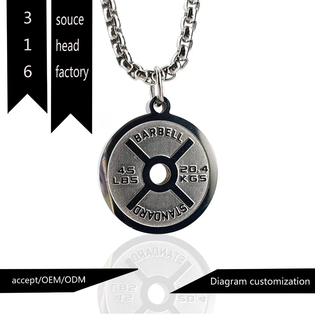 Stainless steel geometric barbell disk necklace with polished finish and chain options