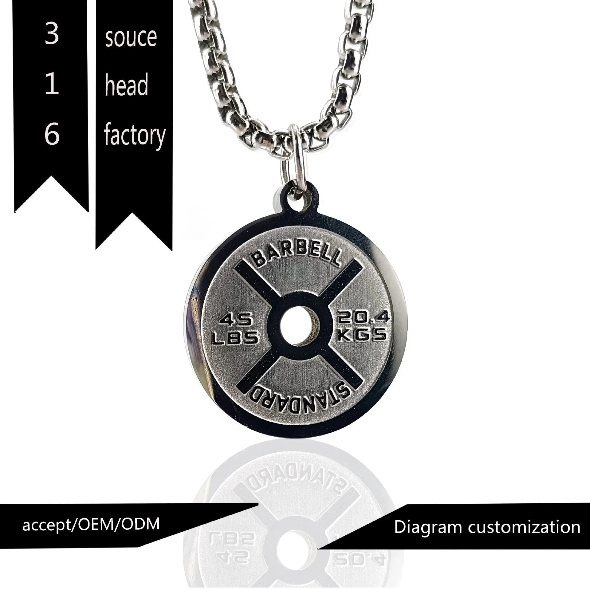 Stainless steel geometric barbell disk necklace with polished finish and chain options