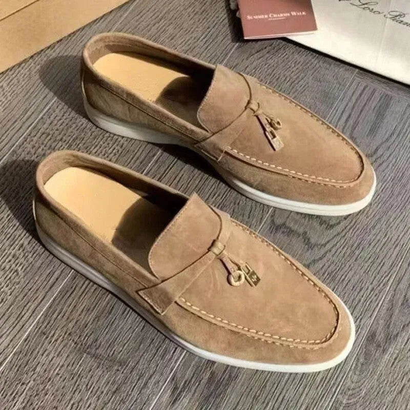 Gommino slip-on casual loafers with round toe, steel-head detail, and artificial PU upper