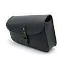 Black PU leather motorcycle swingarm saddlebag mounted on a Harley Sportster side.