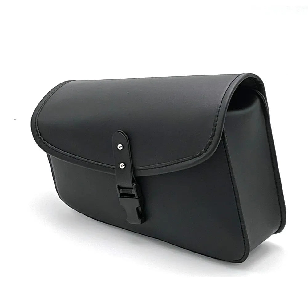 Black PU leather motorcycle swingarm saddlebag mounted on a Harley Sportster side.