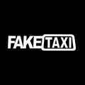 Black Fake Taxi car window sticker on glass, showing waterproof PET material and 20cm by 8cm size.
