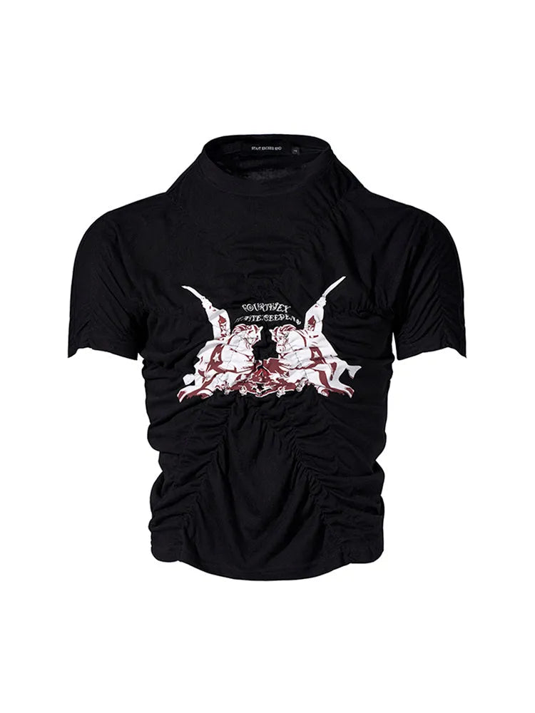 Black men's slim fit short sleeve T-shirt with a textured pleated print design and round neck collar