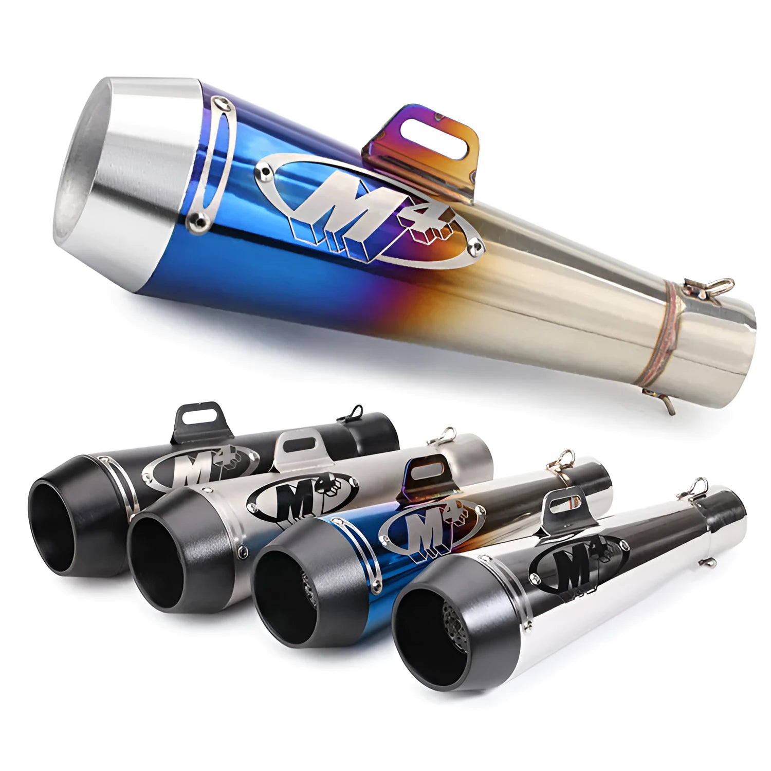 Universal M4 motorcycle exhaust pipe in black, titanium, blue, or white steel finish for large displacement bikes.