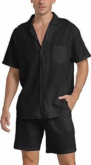 Men's flax linen short-sleeved top and matching shorts suit laid flat, shown in army green colour.
