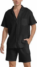Men's flax linen short-sleeved top and matching shorts suit laid flat, shown in army green colour.