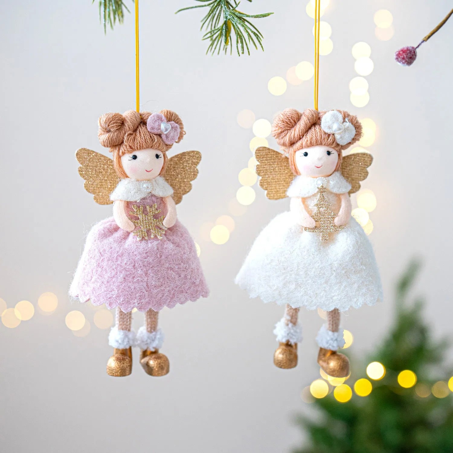 Pink and white cloth angel wings plush pendant Christmas ornament.