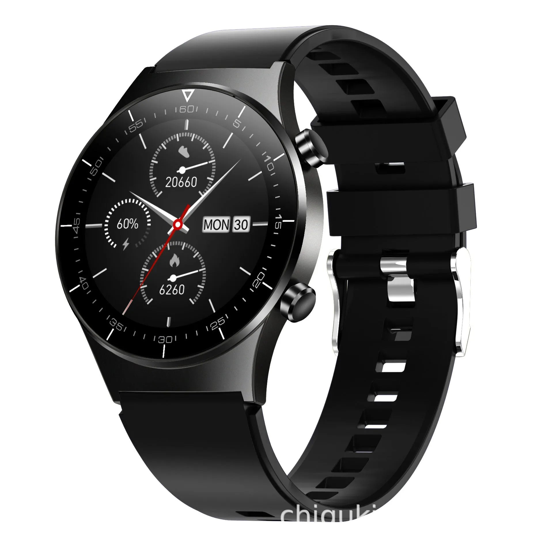 Black smart watch with 1.28-inch screen showing heart rate display on a TPU wrist strap.