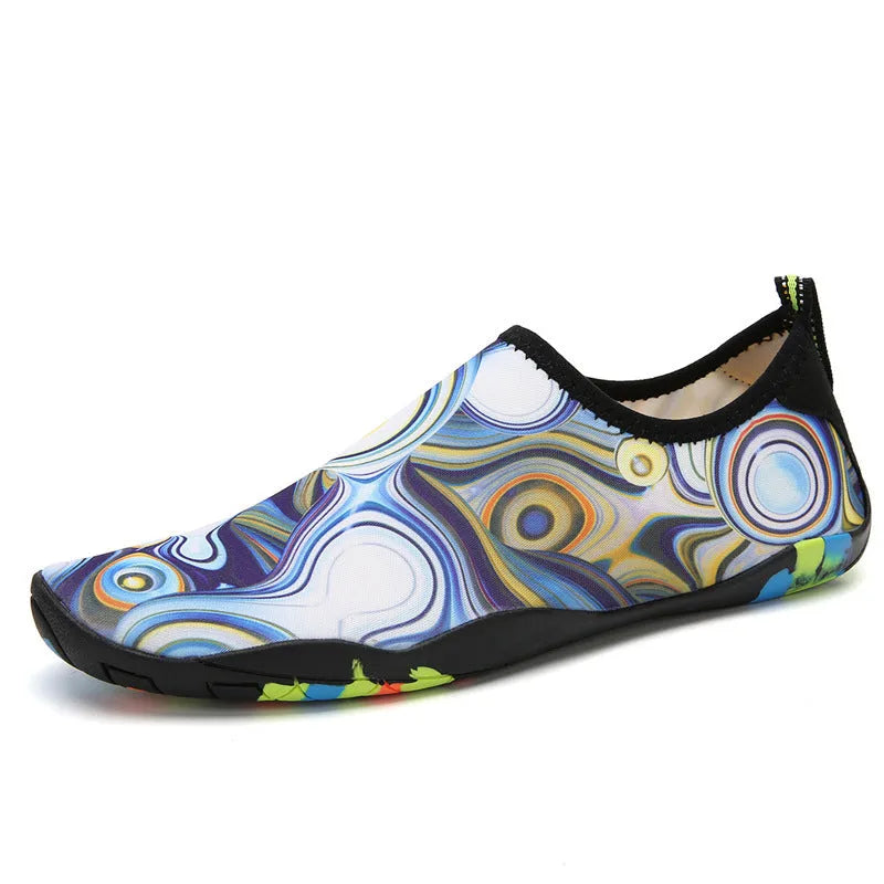 Blue beach wading shoes with Lycra fabric upper and EVA sole for swimming and water activities