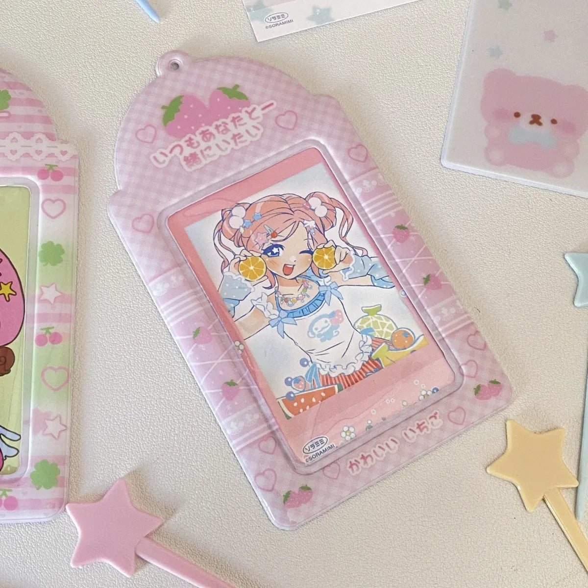Original plaid PVC card holder pendant in strawberry cartoon design.