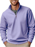 Men's pullover sweater in purple velvet polyester with zipper stand collar, loose fit, long sleeves, and chest patch pocket