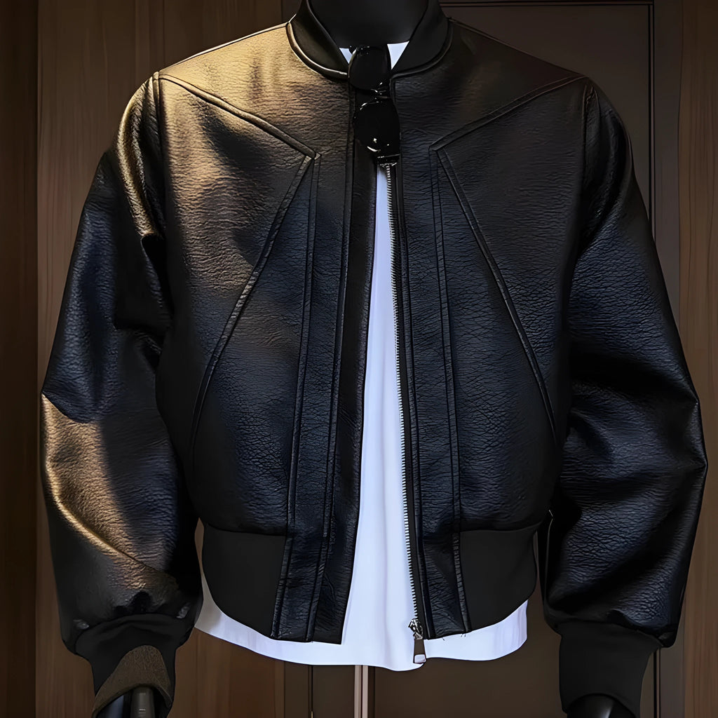 Men's black extended length PU leather jacket with egg white litchi grain texture in slim fit business style