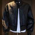 Men's black extended length PU leather jacket with egg white litchi grain texture in slim fit business style