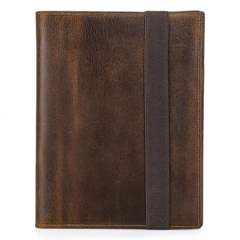 Brown Crazy Horse leather A5 notebook protective sleeve with square pocket design