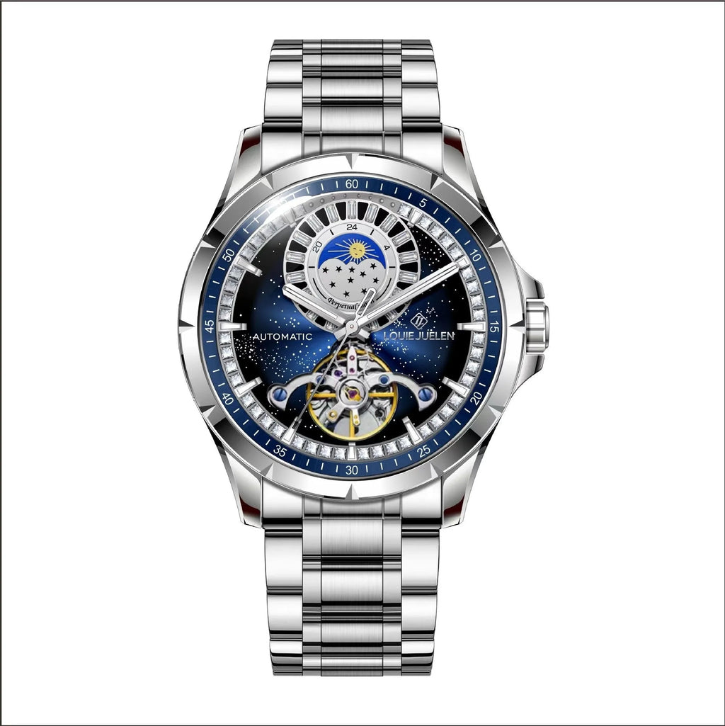 Silver automatic mechanical watch with blue dial and stainless steel bracelet