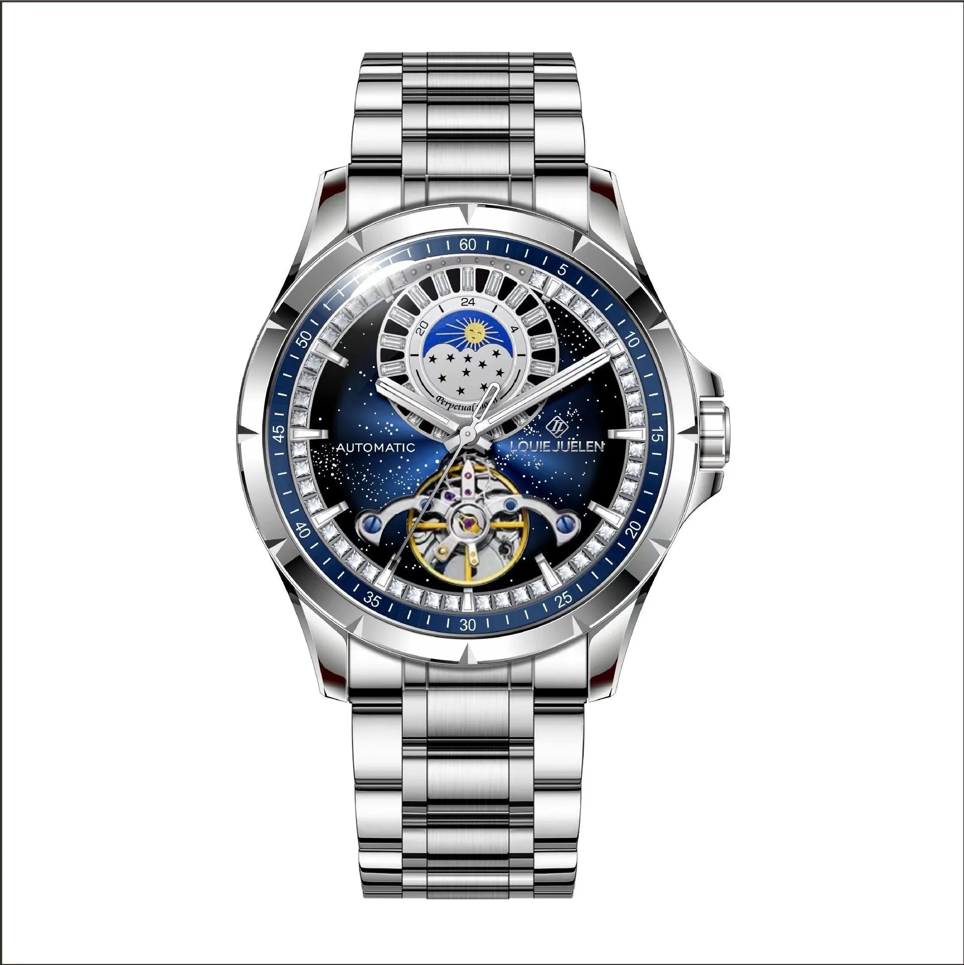 Silver automatic mechanical watch with blue dial and stainless steel bracelet