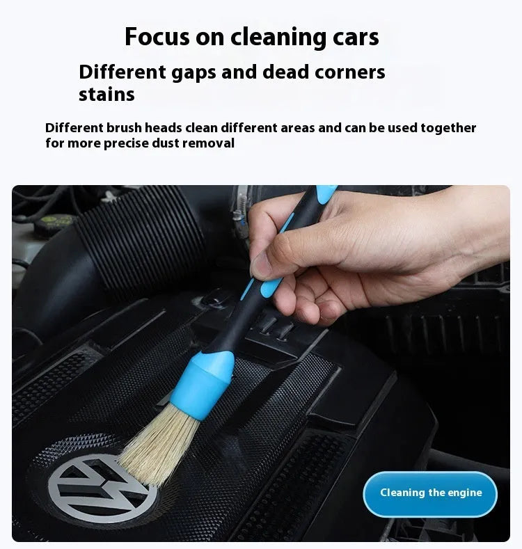Blue detachable car wash brush set with 4 brush heads, 2 handles, and 2 elbow connectors on a workspace