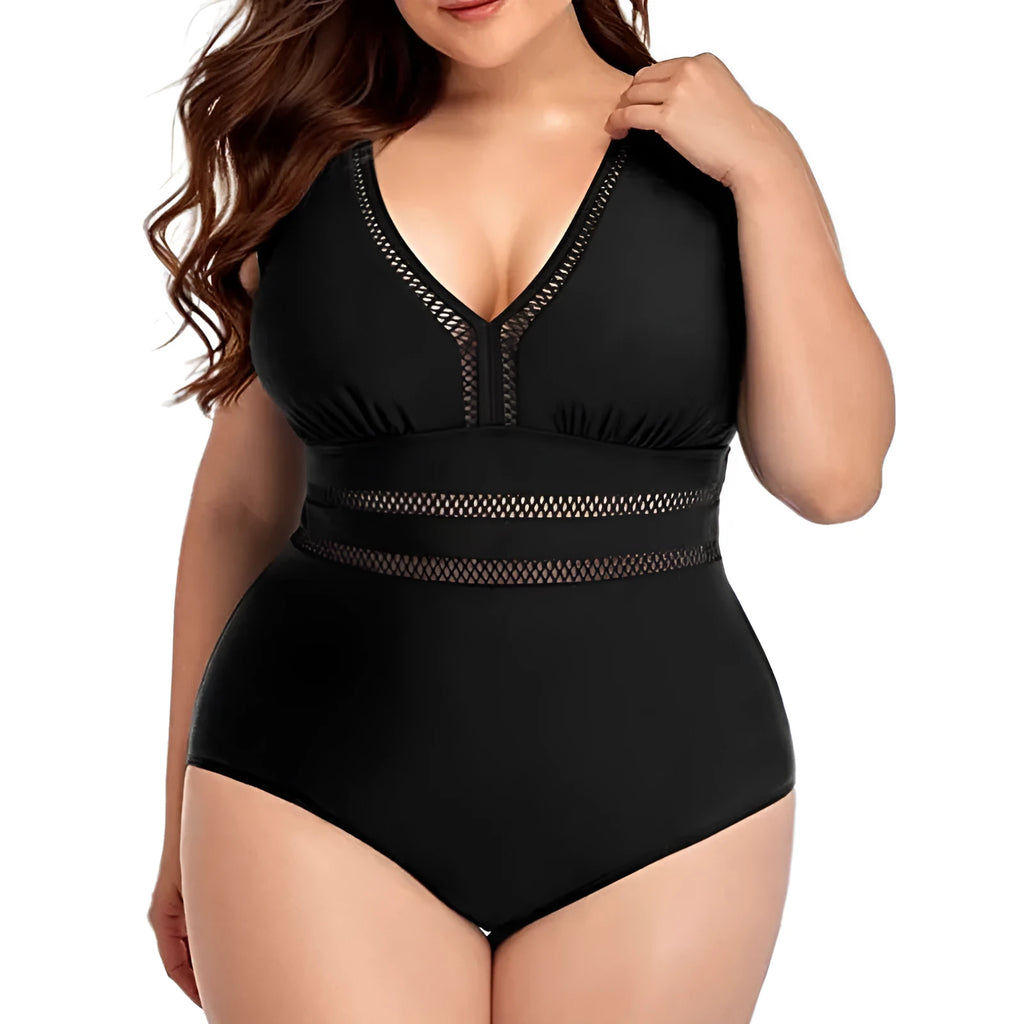 Women's black printed plus size polyester mesh bikini for swimming