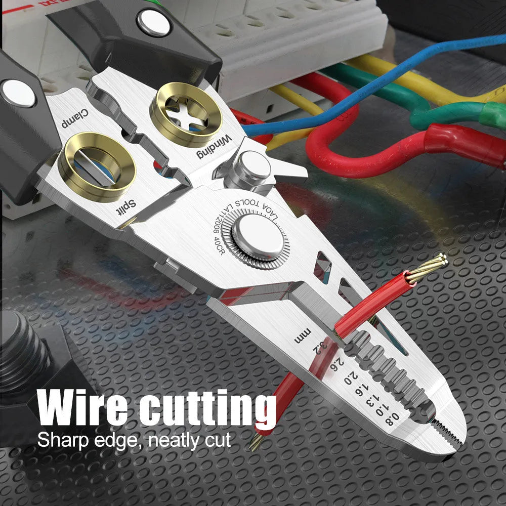 Stainless steel 7-in-1 wire stripper and fibre optic crimping tool with two-colour ABS handle.