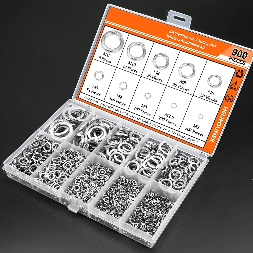 304 stainless steel spring lock washer combination box containing 900 pieces with size range 2-12mm