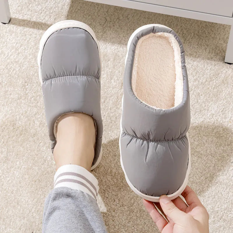 Down cotton slippers with artificial leather upper and thick rubber soles in multiple colour options