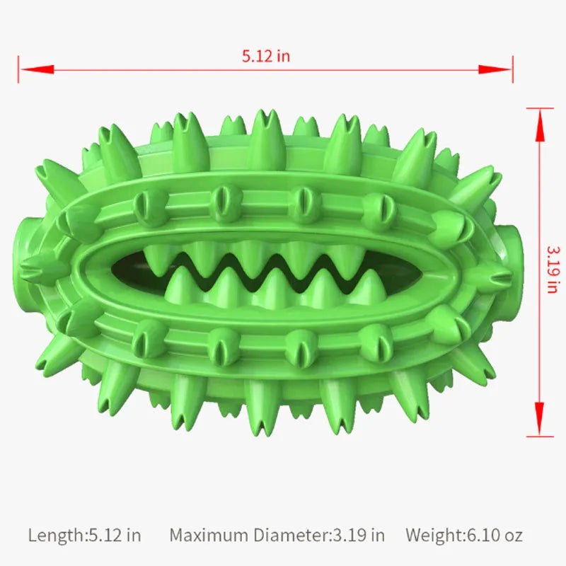 Green cactus-shaped dog toothbrush toy for dental cleaning with central treat channel