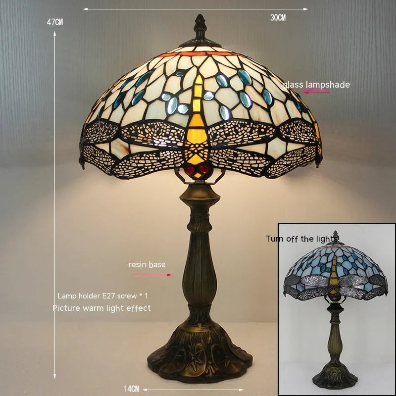 Tiffany style stone table lamp with green dragonfly motif available in 20cm 30cm and 40cm sizes for bedroom retro lighting