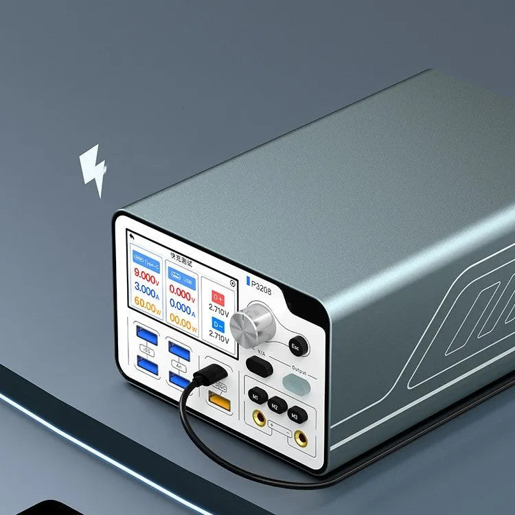 320W intelligent regulated power supply meter with 3-inch display on a workbench.